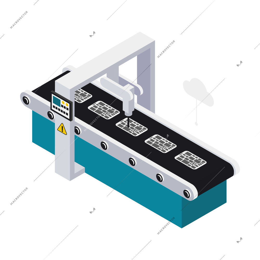 Isometric smart industry icon with automated assembly line 3d vector illustration