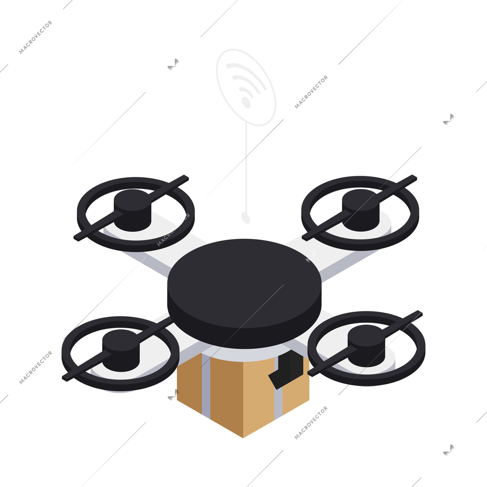 Isometric smart industry icon with automated drone delivering parcel 3d vector illustration