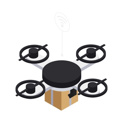 Isometric smart industry icon with automated drone delivering parcel 3d vector illustration