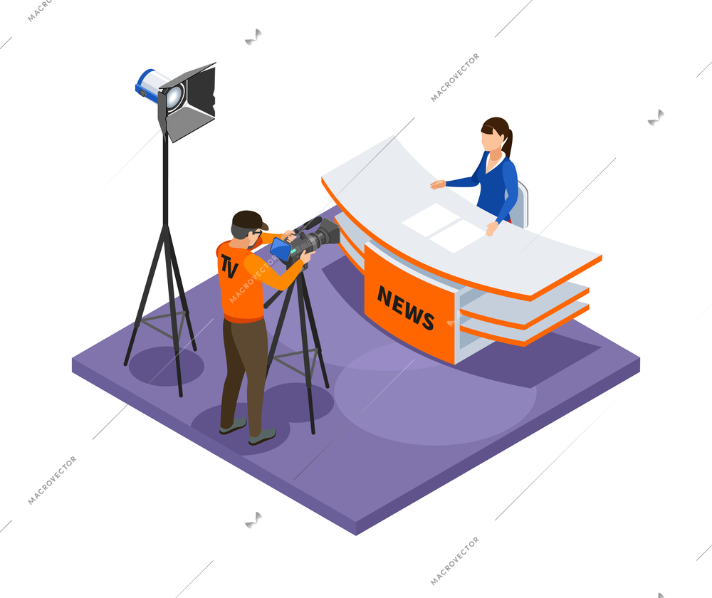 Broadcasting isometric composition with daily news shooting process in tv studio 3d vector illustration