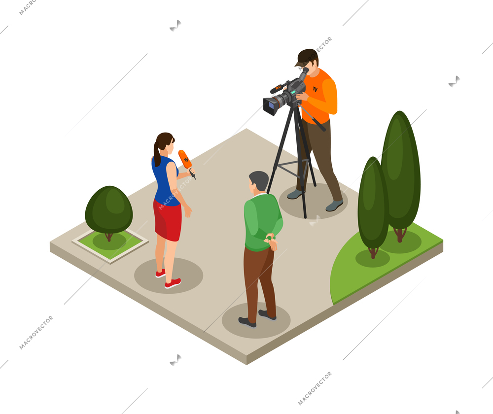 Broadcasting isometric composition with tv new shooting programme in park with characters of presenter cameraman assistant 3d vector illustration