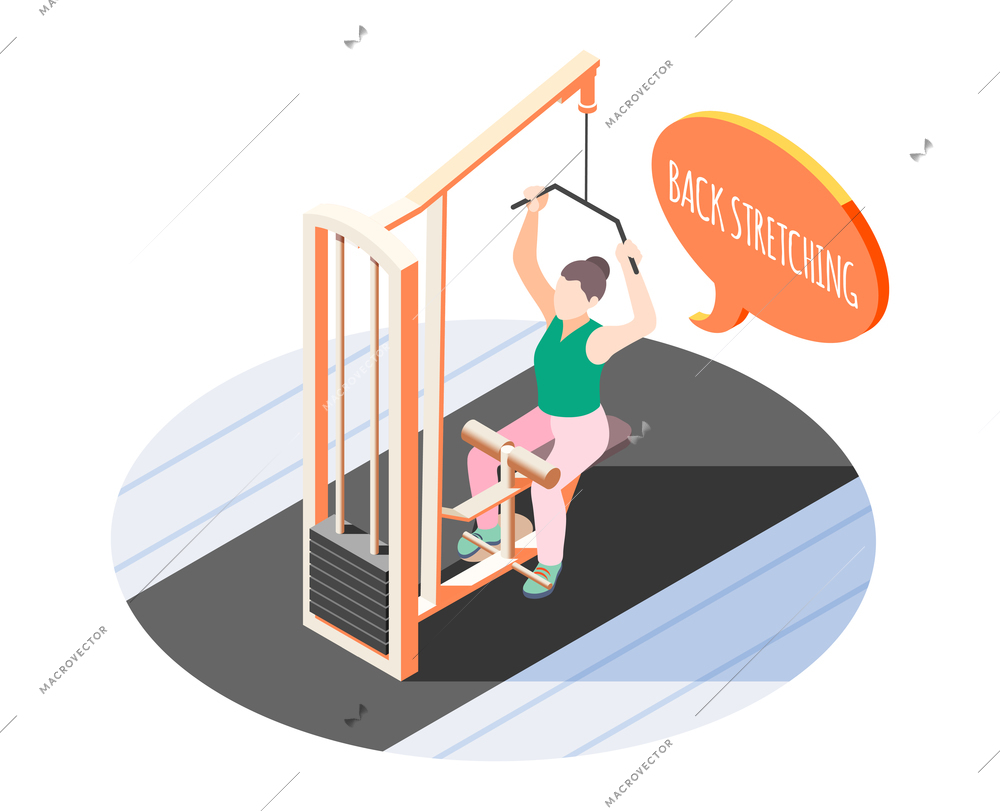 Women health sports isometric composition with person doing back stretching in gym 3d vector illustration