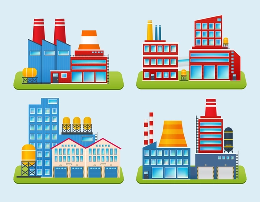 Industrial edifice factory and power plant building set isolated vector illustration