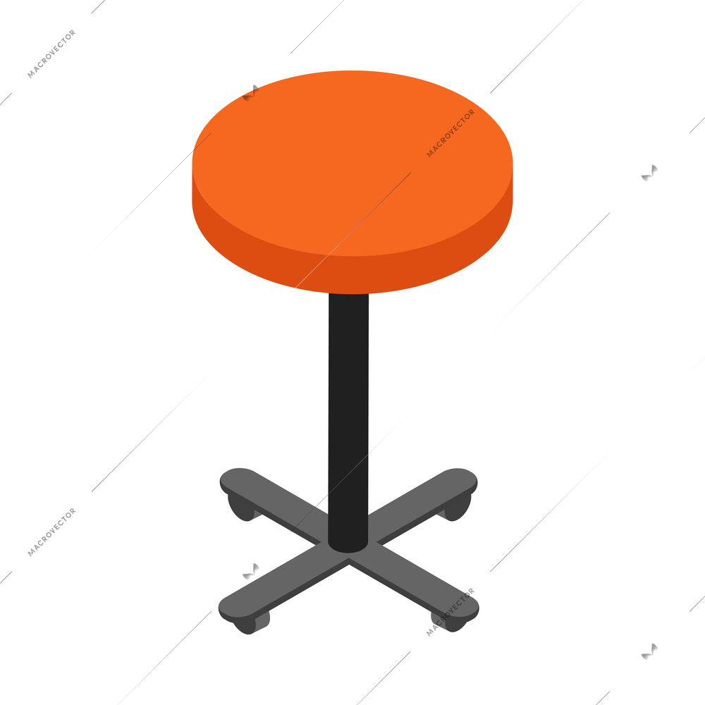 Isometric office stool on wheels with orange seat 3d vector illustration