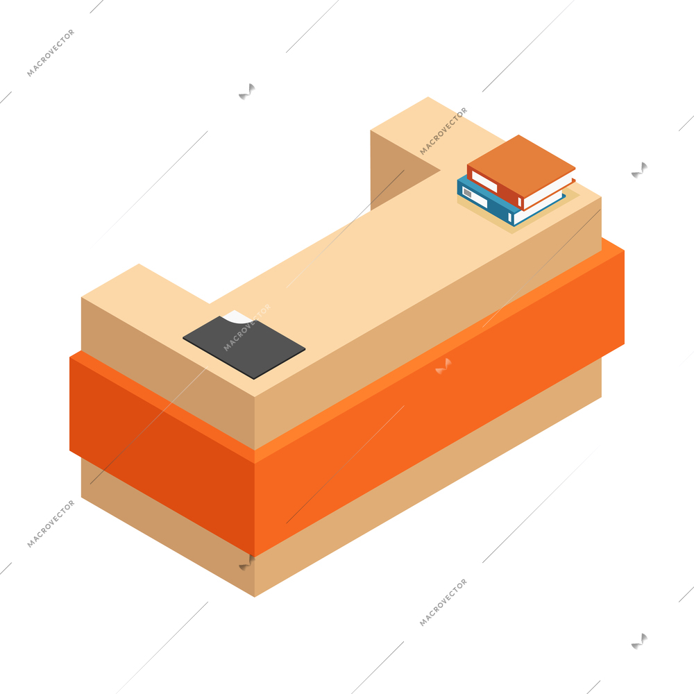 Isometric reception desk with folders on white background 3d vector illustration