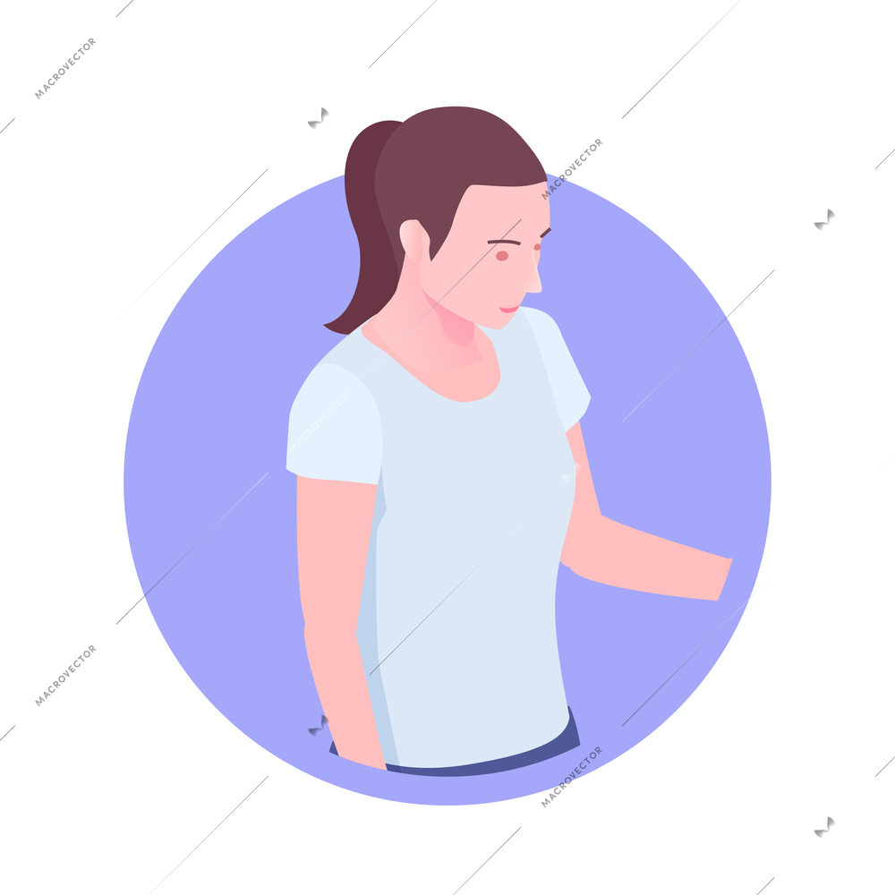 Isometric round icon with young woman avatar 3d vector illustration