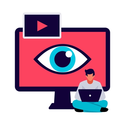 Flat concept of digital video marketing with eye on computer monitor vector illustration