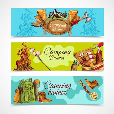 Camping sketch banner horizontal set with backpack hiking boots bonfire isolated vector illustration