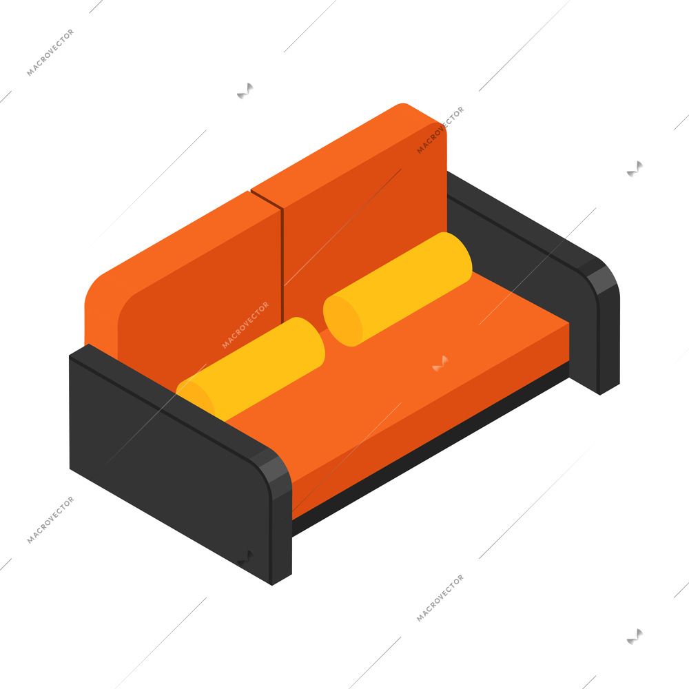 Isometric black and orange sofa with yellow cushions 3d vector illustration