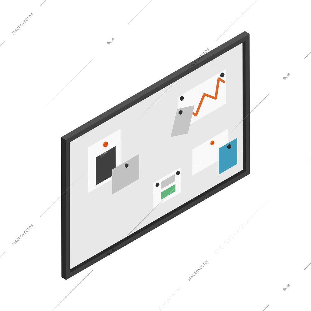 Office wall pin board with papers and memo notes 3d isometric vector illustration