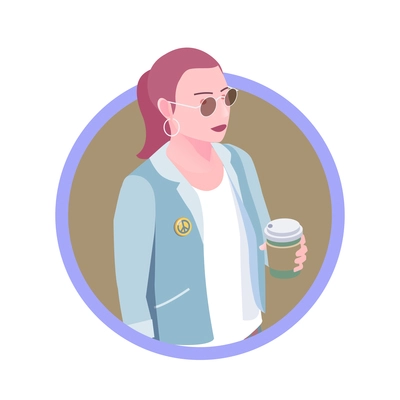 Isometric round icon avatar with trendy modern young woman wearing badge and sunglasses with cup of coffee 3d vector illustration