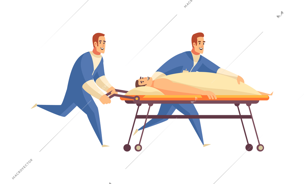 Two happy paramedics carrying man on strecther flat vector illustration