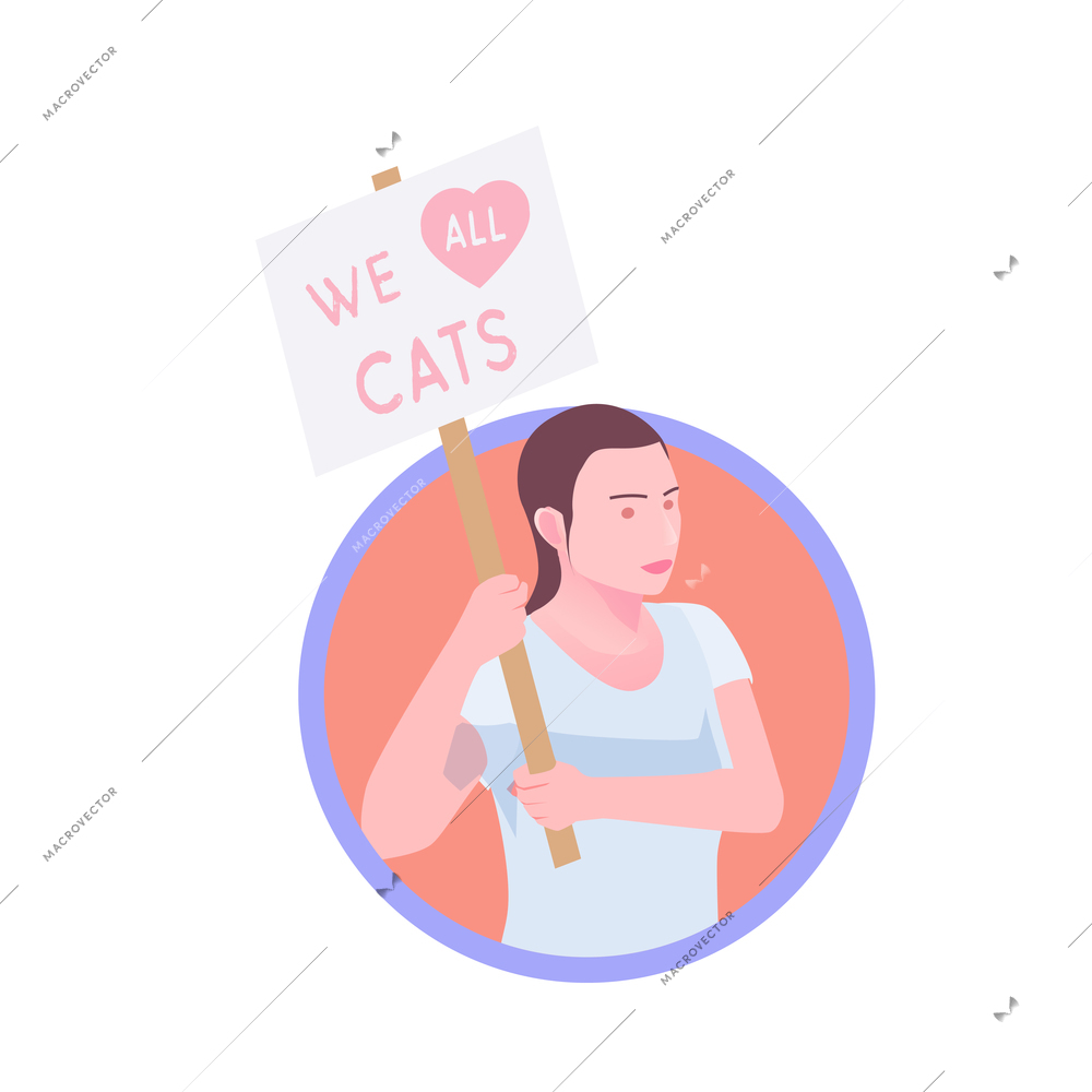 Young woman holding placard we all love cats 3d isometric round icon avatar vector illustration