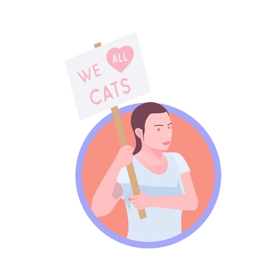 Young woman holding placard we all love cats 3d isometric round icon avatar vector illustration