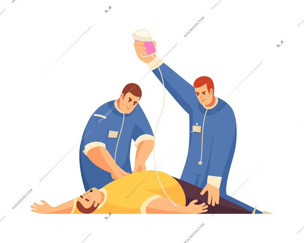 Two paramedics providing first aid to unconscious man flat vector illustration