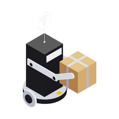 Isometric smart industry icon with remote controlled robot carrying parcel 3d vector illustration