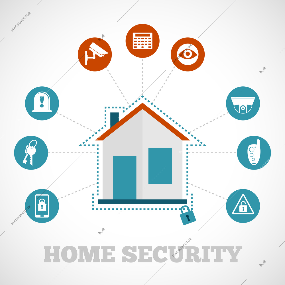 Home security concept with flat building protection icons set vector illustration