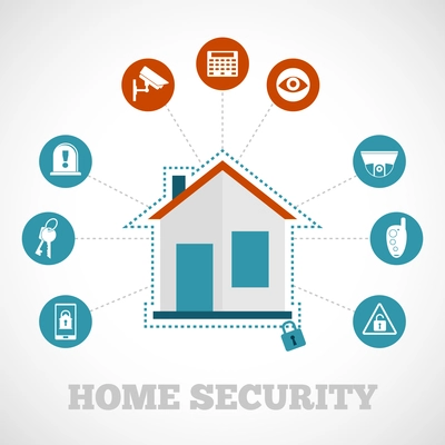 Home security concept with flat building protection icons set vector illustration