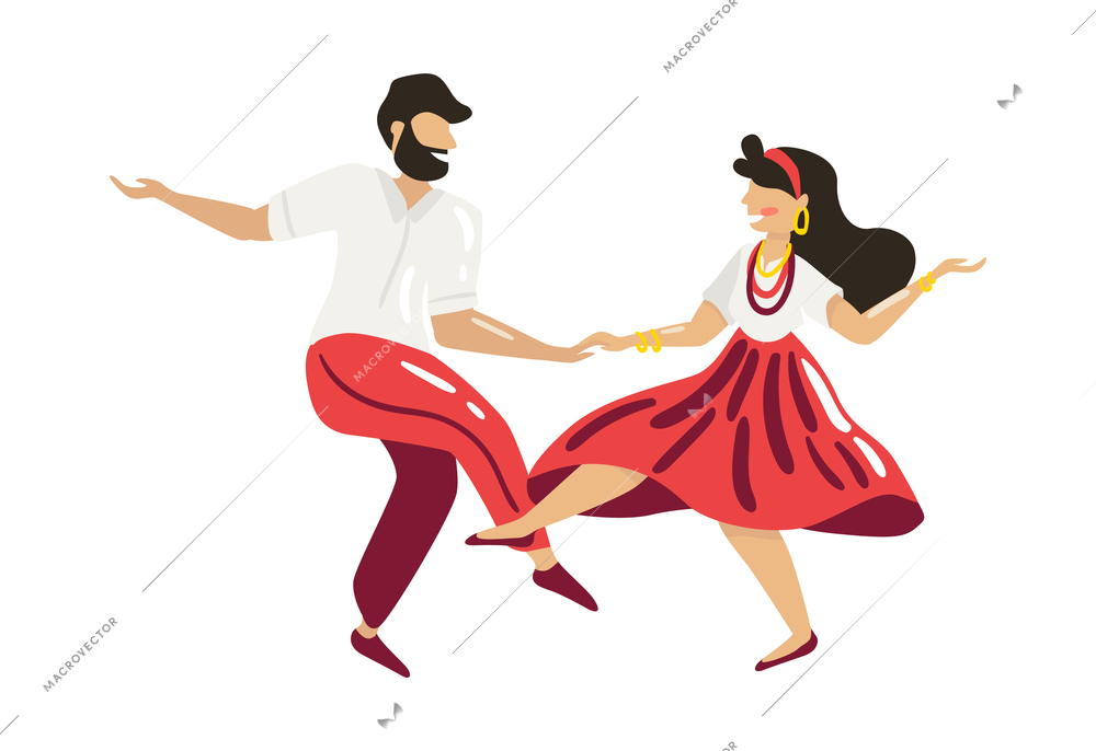 Brazil carnival celebration with couple dancing in traditional costumes flat vector illustration