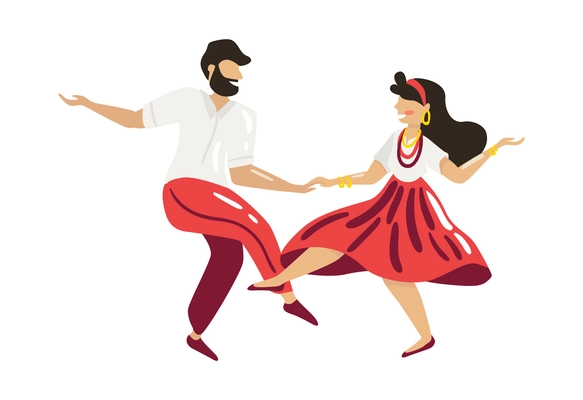 Brazil carnival celebration with couple dancing in traditional costumes flat vector illustration