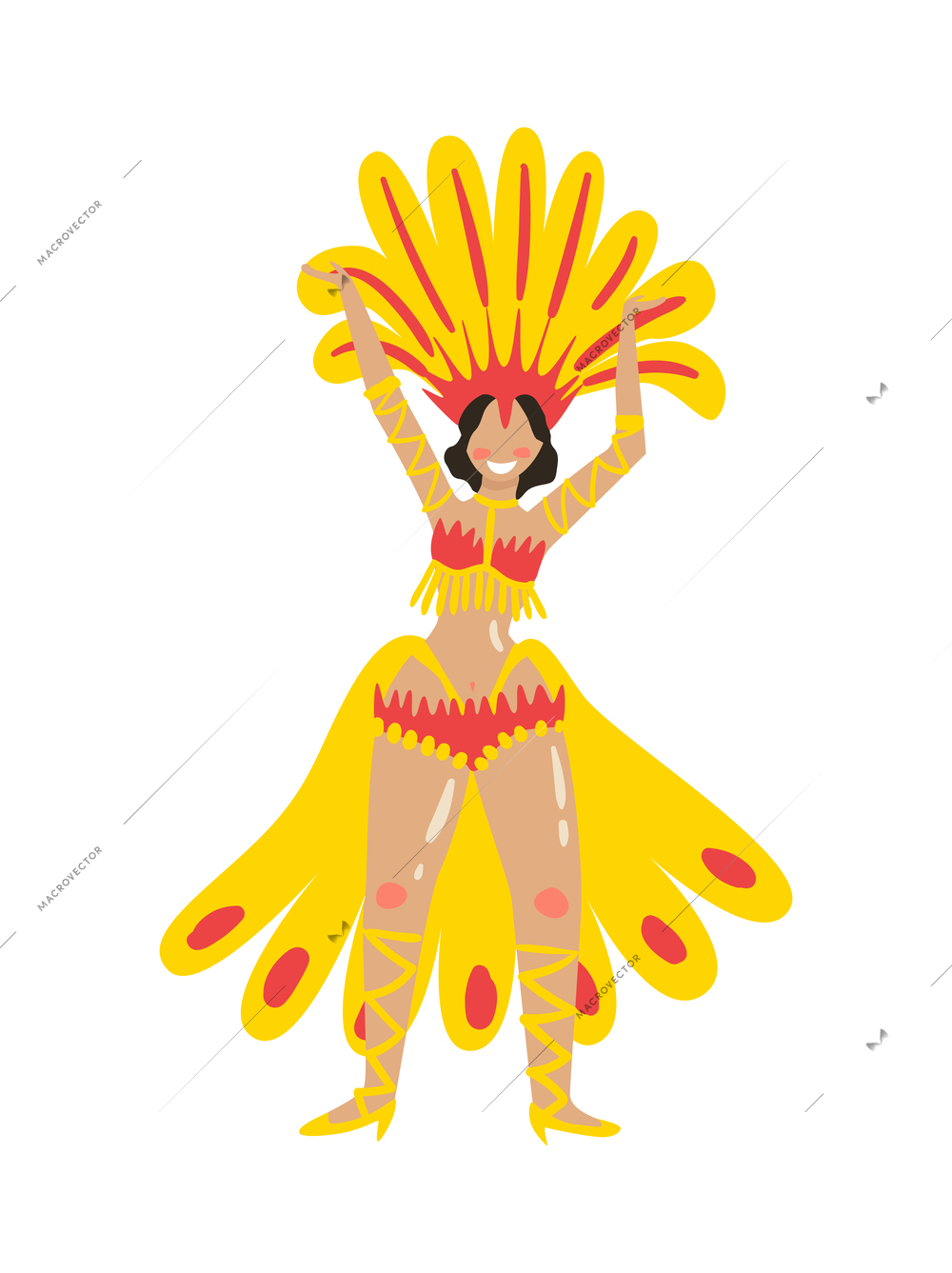 Happy brazil carnival dancer in yellow constume flat vector illustration