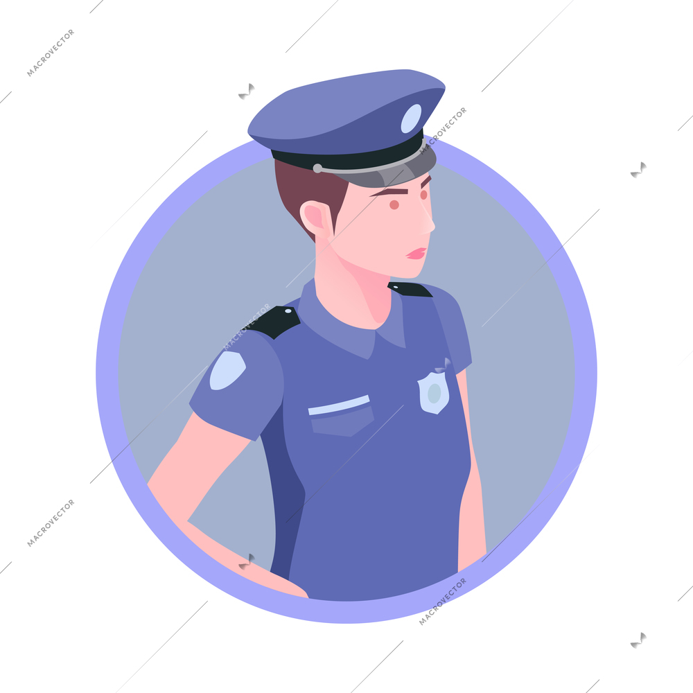 Isometric round icon with female police officer avatar 3d vector illustration