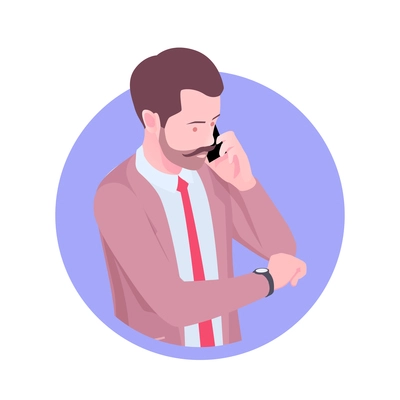 Isometric round icon avatar of businessman talking on phone 3d vector illustration