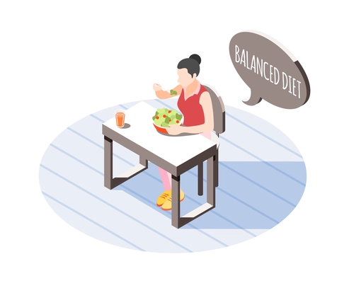 Women health isometric composition with female character following balanced diet 3d vector illustration