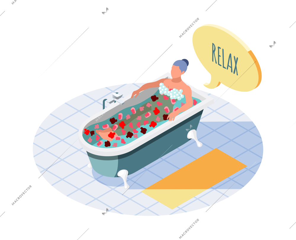 Women health isometric composition with woman relaxing in bath 3d vector illustration