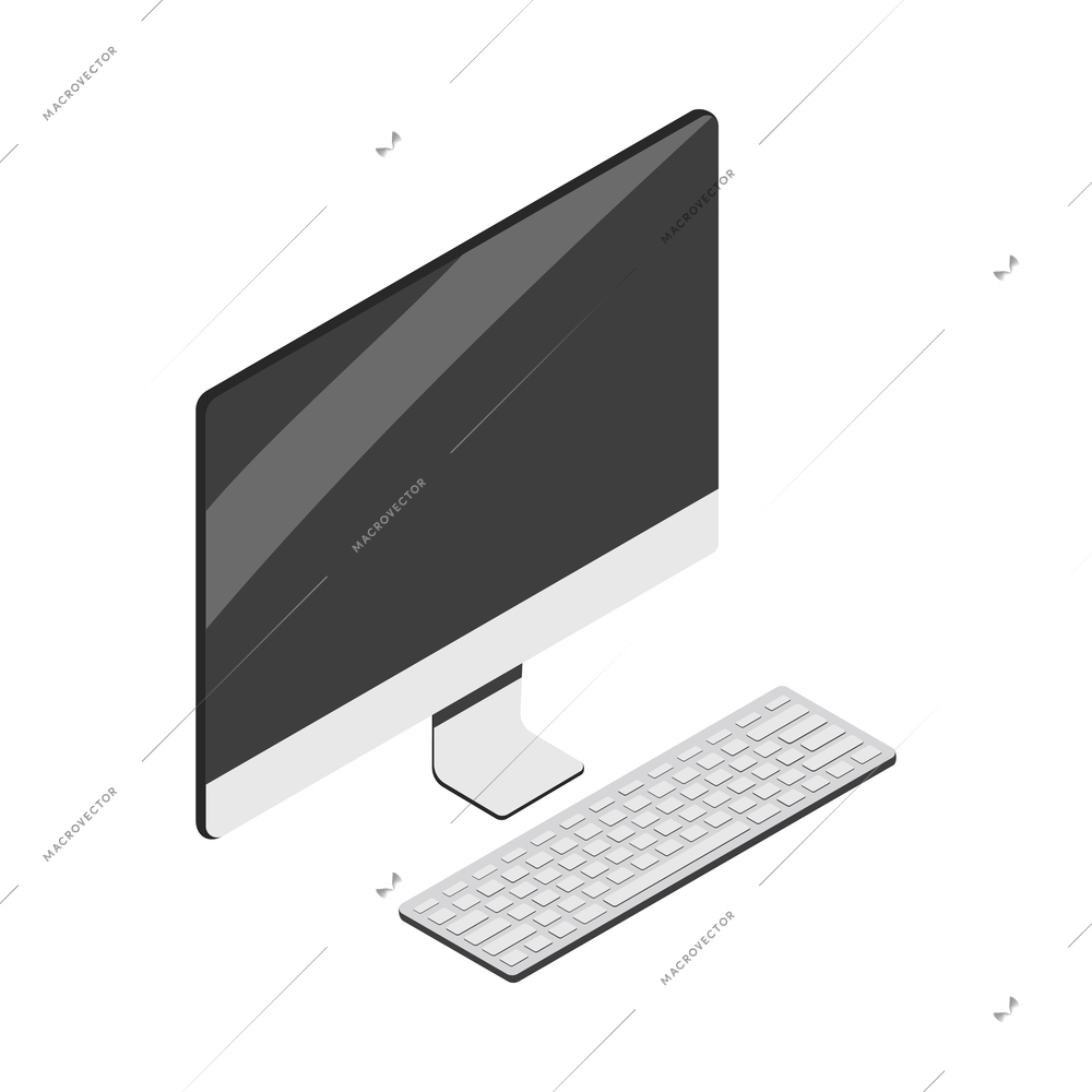 Isometric modern computer monitor with wireless keyboard 3d vector illustration