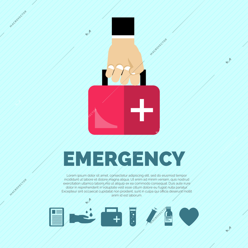 Emergency concept with hand holding first aid kit and healthcare symbols flat vector illustration