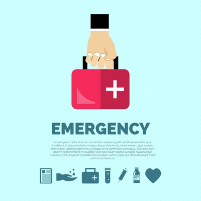 Emergency concept with hand holding first aid kit and healthcare symbols flat vector illustration