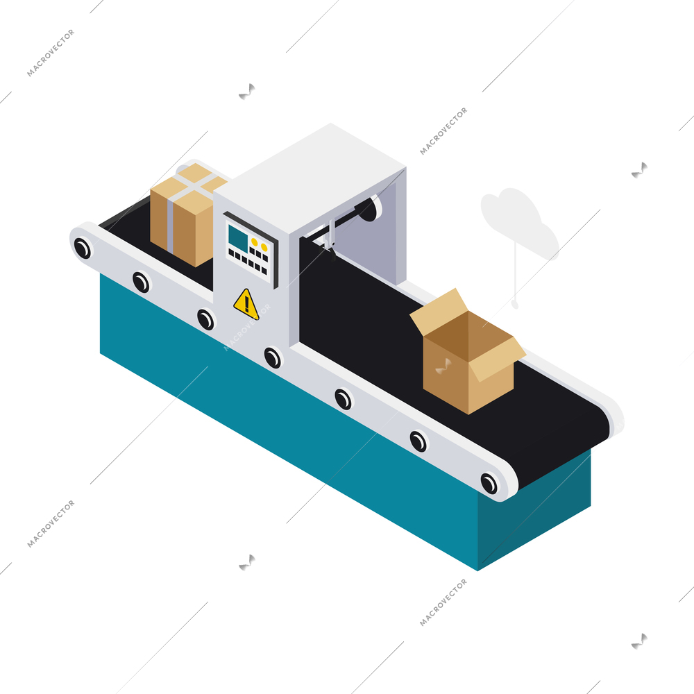 Isometric smart industry icon with automated conveyor line with cardboard boxes 3d vector illustration