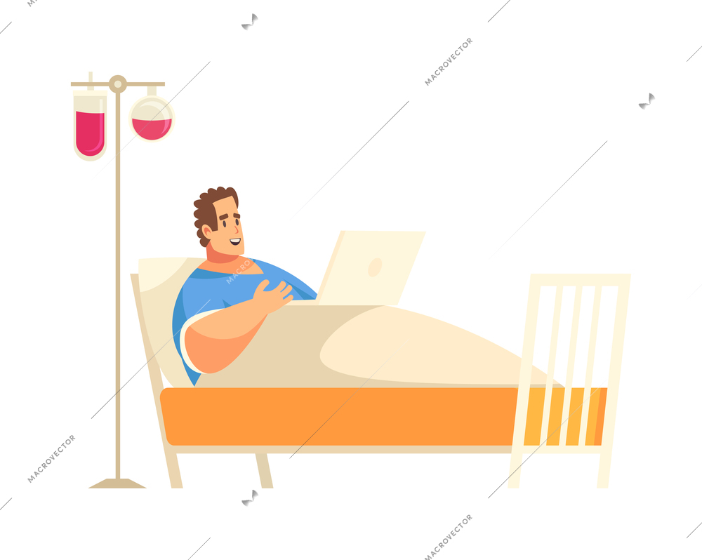 Happy patient with dropper infusion lying on hospital bed with laptop flat vector illustration