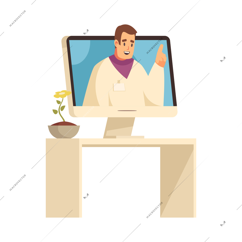 Online medical video consultation with doctor on computer screen flat vector illustration