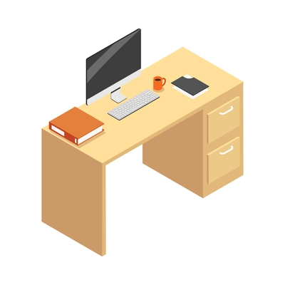 Isometric office work place desk with computer folders and coffee cup 3d vector illustration