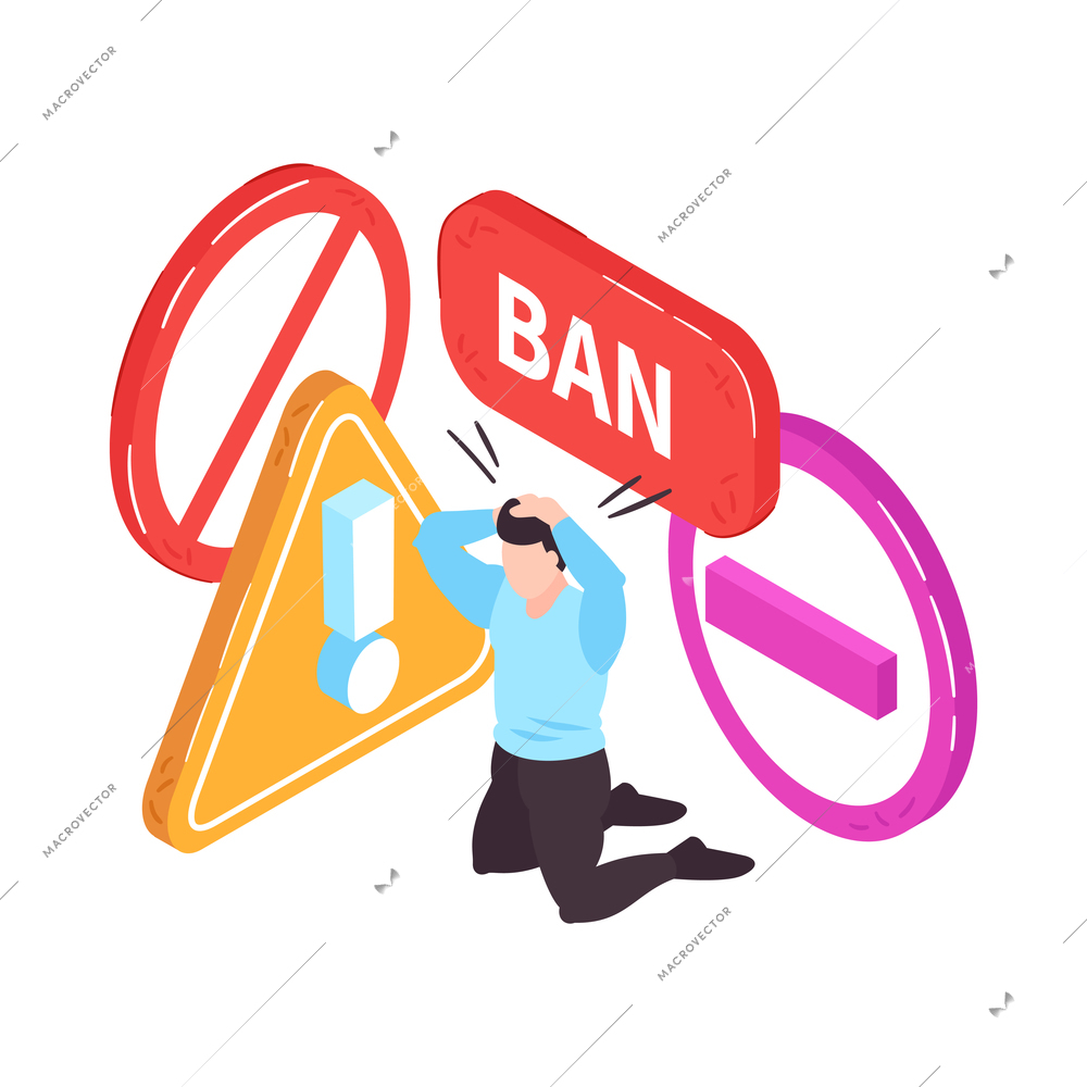 Isometric banned website concept with worried human character and ban prohibitions signs 3d vector illustration