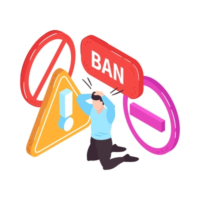 Isometric banned website concept with worried human character and ban prohibitions signs 3d vector illustration