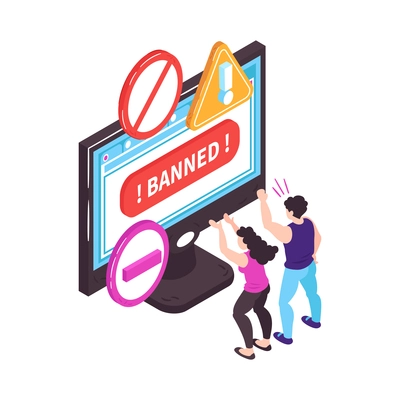 Isometric banned website concept with worried users in front of computer monitor 3d vector illustration