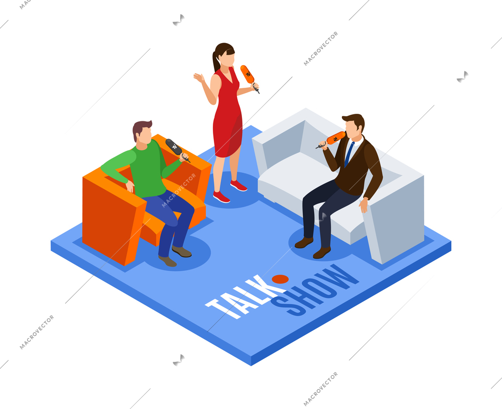 Broadcasting isometric composition with tv talk show scene female presenter and two guests with microphones 3d vector illustration