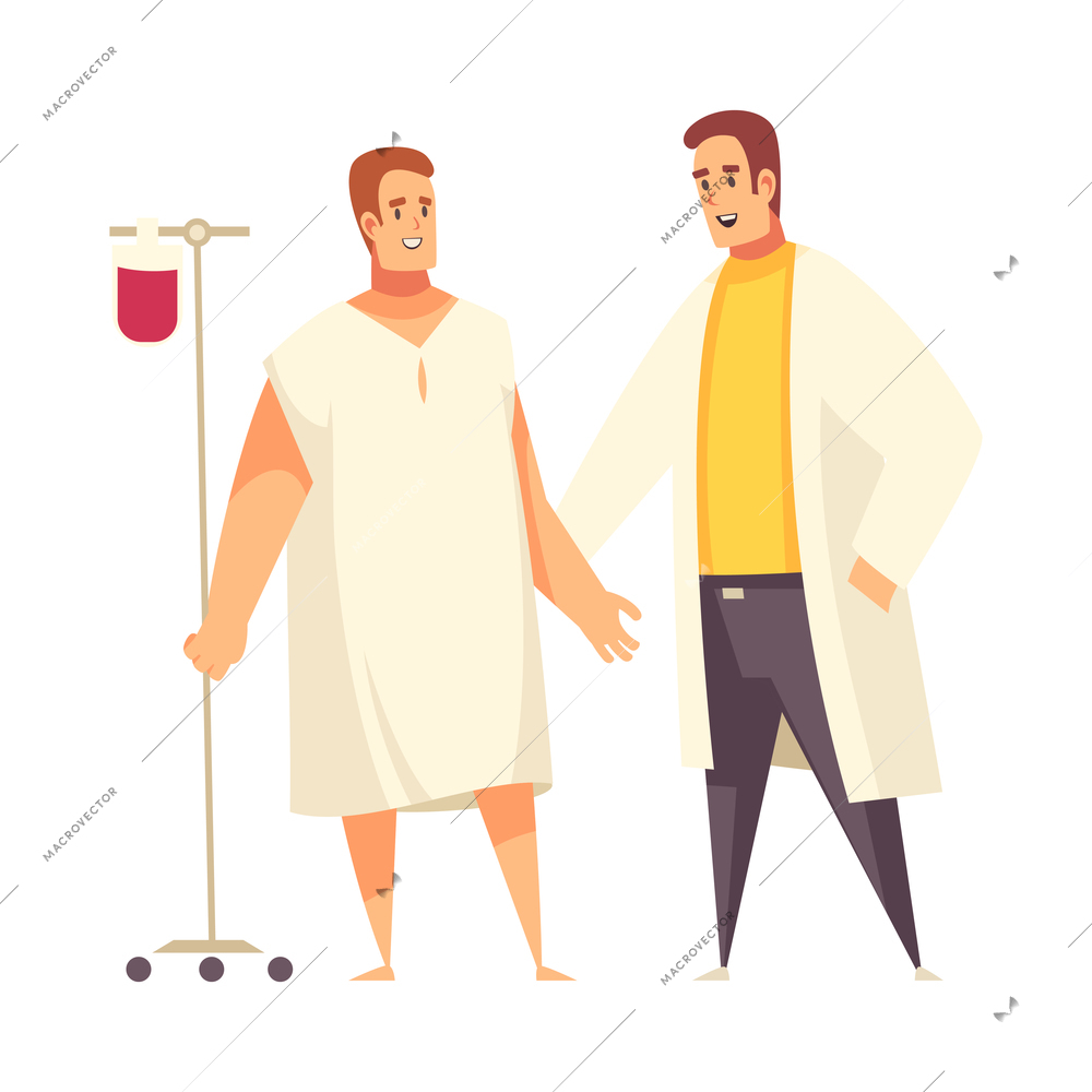 Happy patient with infusion dropper communicating with doctor flat vector illustration