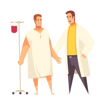 Happy patient with infusion dropper communicating with doctor flat vector illustration