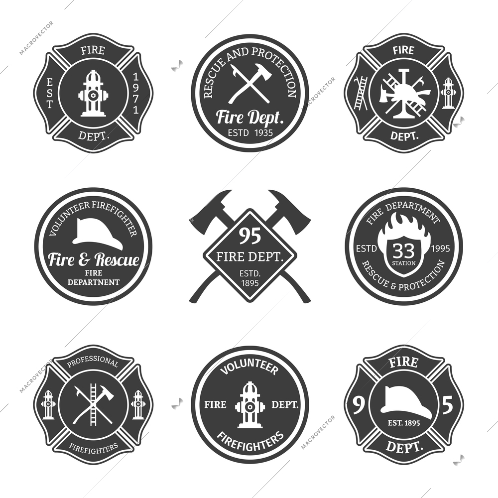 Fire department professional firefighter equipment black emblems set isolated vector illustration