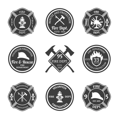 Fire department professional firefighter equipment black emblems set isolated vector illustration