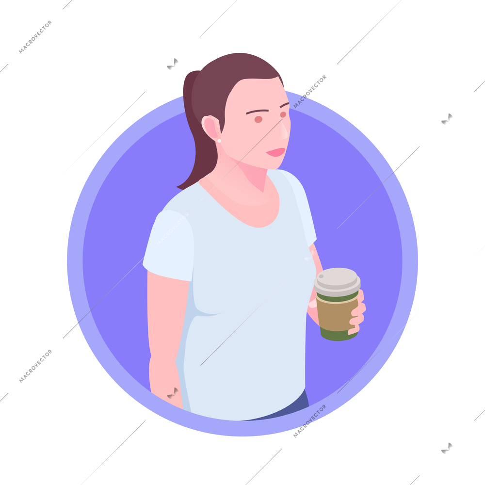 Isometric icon avatar with woman holding paper cup of coffee 3d vector illustration