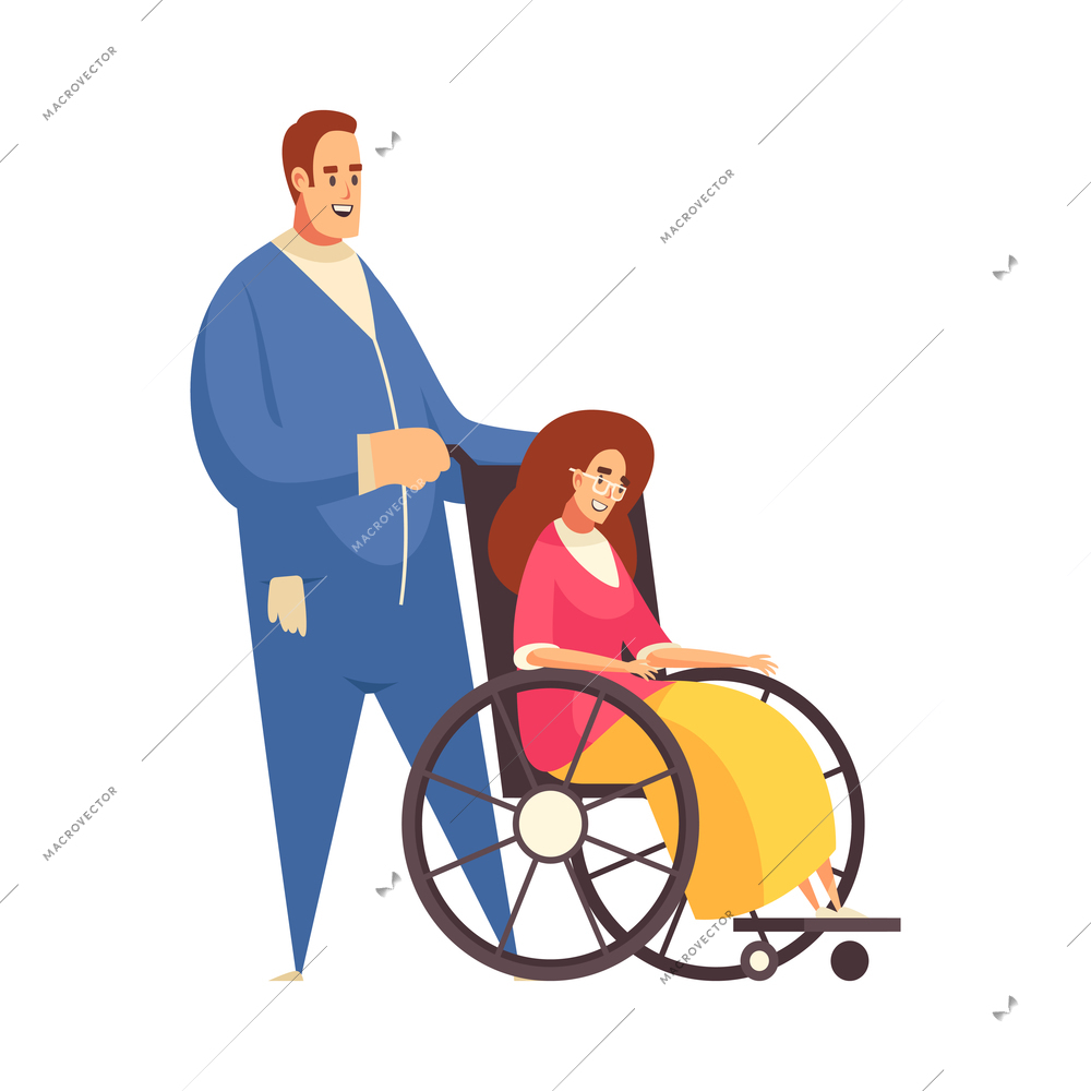 Happy male nurse helping disabled woman in wheelchair flat vector illustration