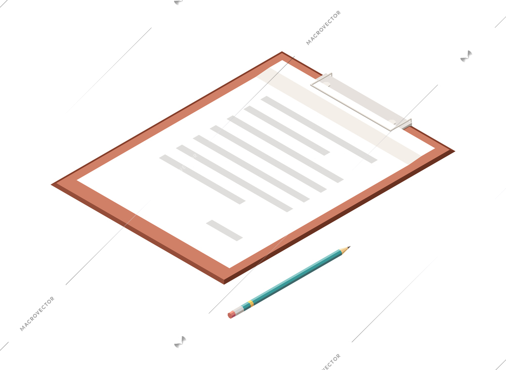 Isometric clipboard and pencil on white background isolated 3d vector illustration