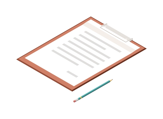 Isometric clipboard and pencil on white background isolated 3d vector illustration