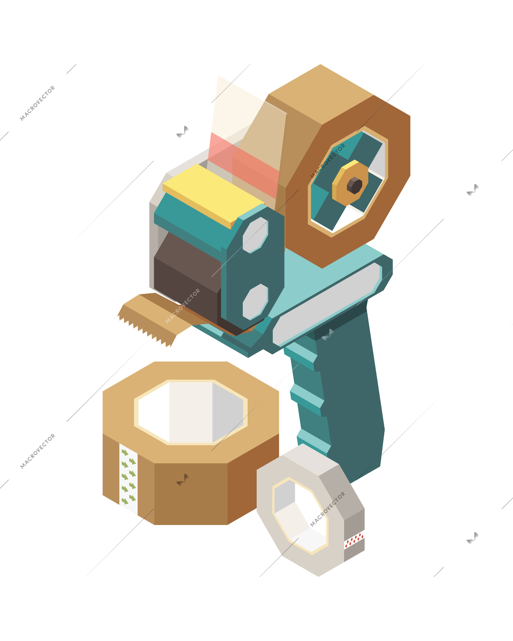 Packaging tape dispenser and two rolls isometric icon on white background 3d vector illustration