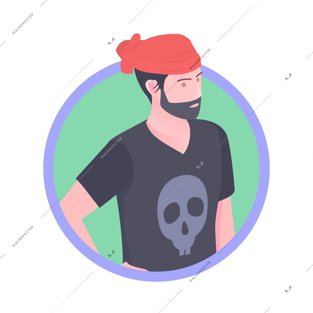 Bearded man with bandana and tshirt with skull 3d isometric round icon avatar 3d vector illustration